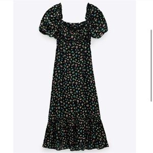 ZARA Fruit Print Satin Maxi Dress Milkmaid Black Floral Summer Dress Picnic NEW